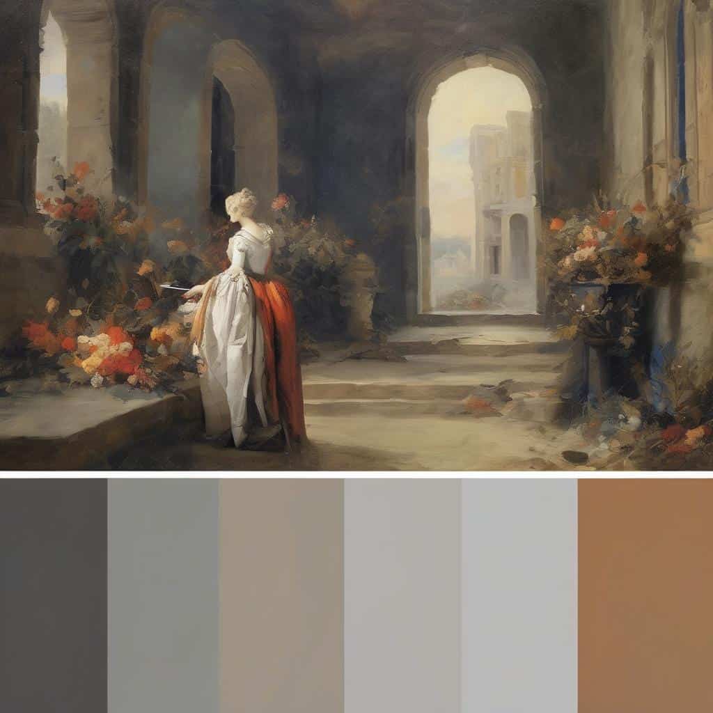 Λευκή γυναίκα σε εσωτερικό αρχαίου κτιρίου, βεράντα με λουλούδια και αρχιτεκτονικά στοιχεία, σύγχρονη τέχνη και ανανέωση.