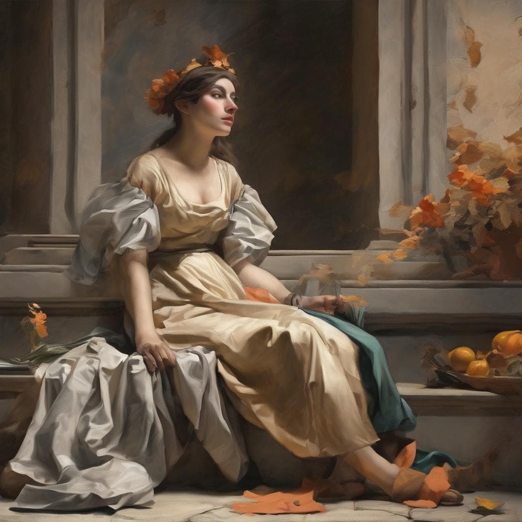 Όμορφη γυναίκα καθισμένη σε βεράντα με φθινοπωρινά φύλλα, ρεαλιστική τέχνη, σύγχρονη ζωγραφική, καλλιτεχνική πορεία.