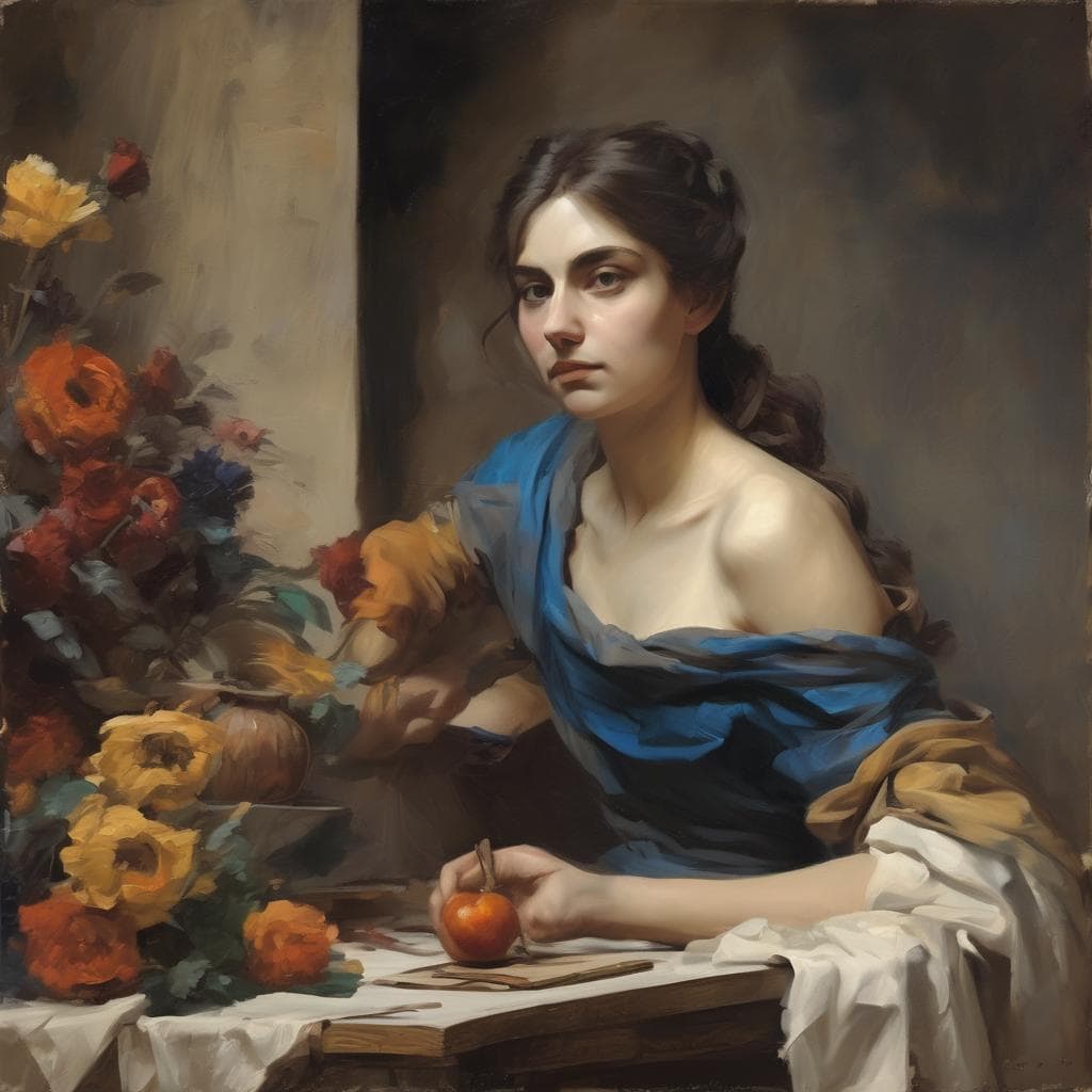 Ανθρώπινη γυναίκα πορτρέτο με λουλούδια και μήλο, σύγχρονη τέχνη, ρεαλιστικό ζωγραφικό έργο.