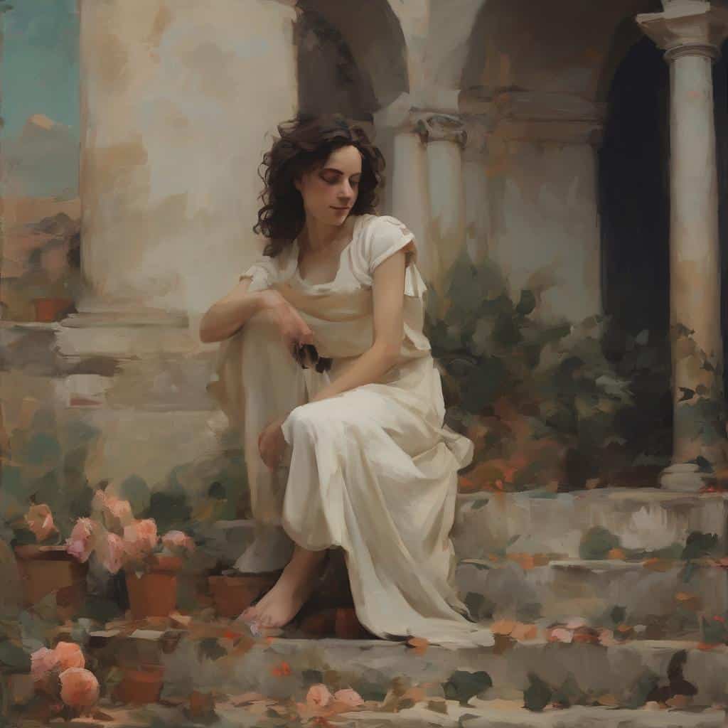 πορτρέτο γυναίκας σε κλασσική αρχαία τοποθεσία, σύγχρονη τέχνη, ανάμειξη παλαιών και μοντέρνων στοιχείων.