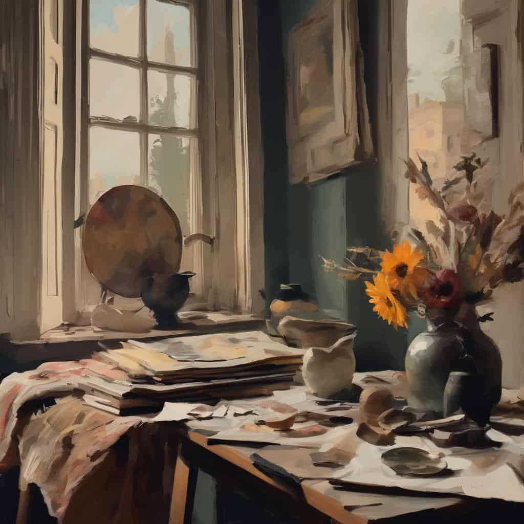 Χειροποίη▲μοντέλο■ μέσα σε τραπέζι με βιβλία και κασπώ, φωτισμένο από παράθυρο, σύγχρονη τέχνη και ρεαλιστική αναπαράσταση.